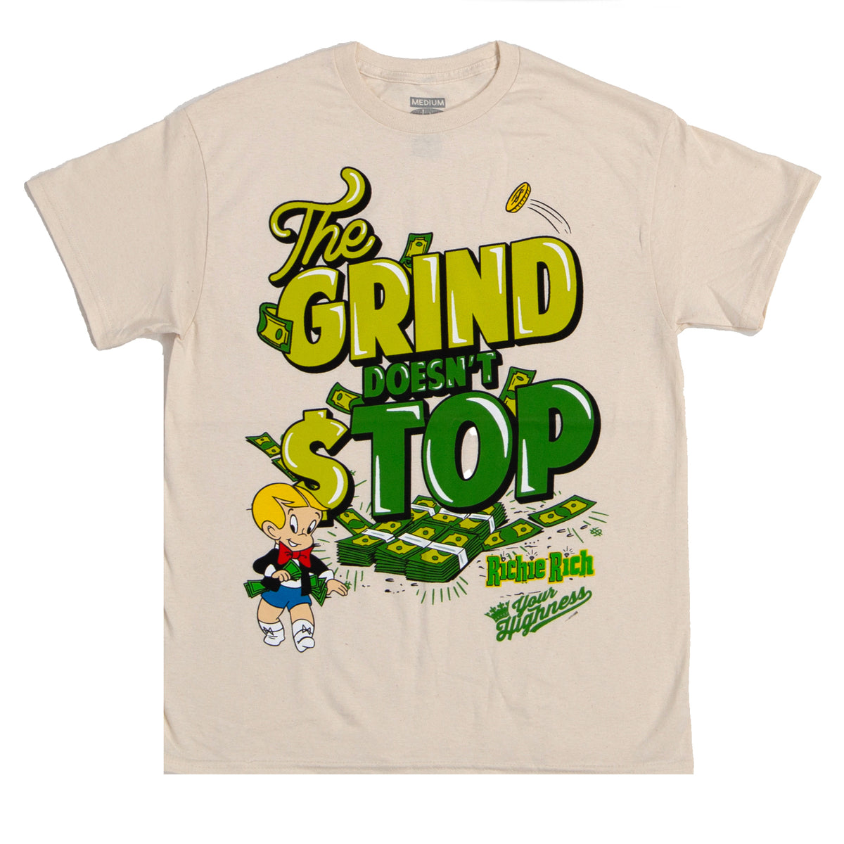 Bold graphic tee featuring 'Your Highness Richie Rich' with the slogan 'The Grind Don’t Stop.